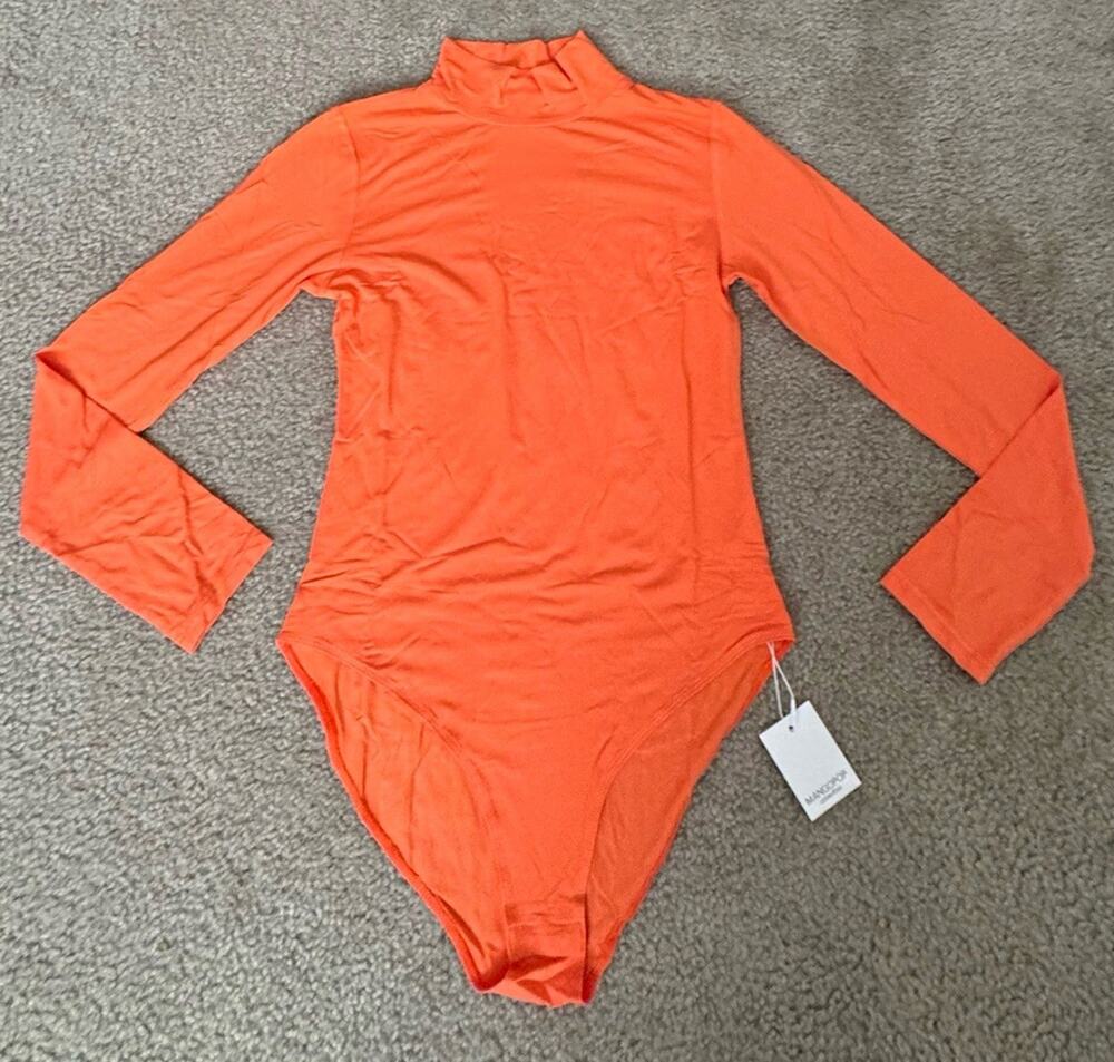 MANGOPOP Bodysuit Womens Small Orange Mock Turtleneck Long Sleeve Stretch NWT